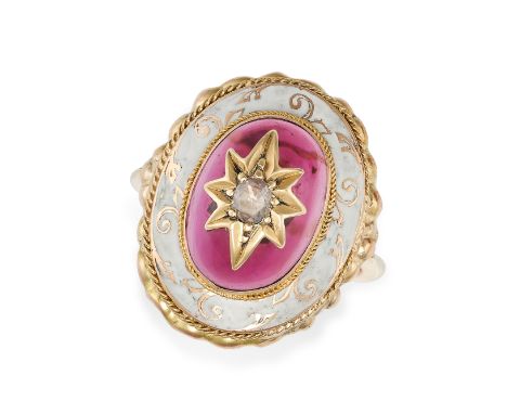 A GARNET, DIAMOND AND ENAMEL RING in yellow gold, set with a cabochon garnet set with a diamond set star, in a border of whit