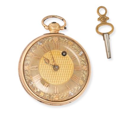 AN ANTIQUE POCKET WATCH in 18ct yellow and rose gold, engine turned dial with textured and floral detailing, Roman numerals, 