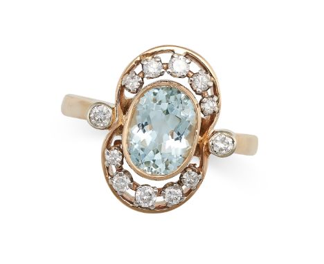 AN AQUAMARINE AND DIAMOND DRESS RING in 14ct yellow gold, set with an oval cut aquamarine of approximately 1.70 carats to a s