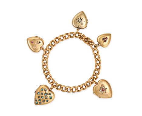AN ANTIQUE DIAMOND, TURQUOISE, PEARL AND RUBY HEART LOCKET CHARM BRACELET in 15ct yellow gold, comprising a curb link chain w
