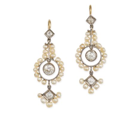 A PAIR OF ANTIQUE DIAMOND AND SEED PEARL DROP EARRINGS, each set with an old cut diamond suspending an openwork drop with an 