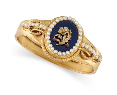 AN ANTIQUE PEARL, RUBY AND ENAMEL BANGLE in yellow gold, with an applied forget me knot flower motif set with rubies and diam