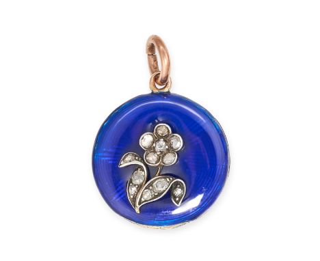 AN ANTIQUE DIAMOND AND ENAMEL FORGET ME NOT LOCKET PENDANT in yellow gold, the circular pendant in blue enamel with an applie