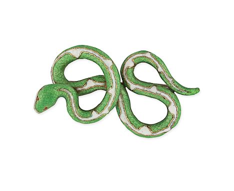 A VINTAGE ENAMEL SNAKE BROOCH in 18ct yellow gold, designed as a coiled snake decorated with green, white and red enamel, sta