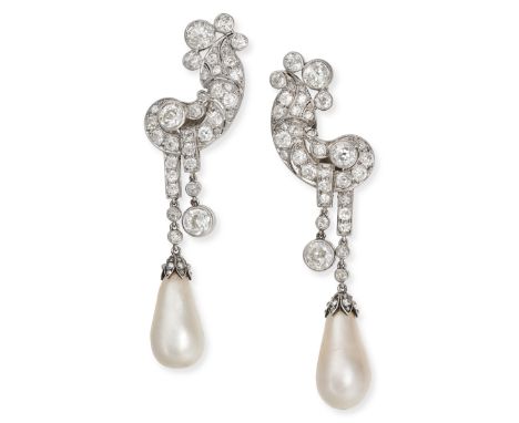 A PAIR OF VINTAGE NATURAL PEARL AND DIAMOND EARRINGS in white gold, each with a scroll design set with old cut diamonds suspe