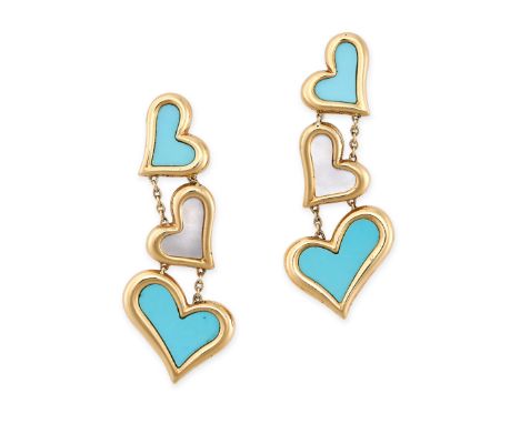 PIAGET, A PAIR OF TURQUOISE AND MOTHER OF PEARL EARRINGS in 18ct yellow gold, each comprising three heart shaped motifs set w