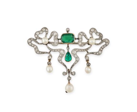 AN ANTIQUE EMERALD, DIAMOND AND PEARL BROOCH in white and yellow gold, set with an octagonal step cut emerald and pear cut em