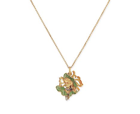 AN ART NOUVEAU PLIQUE A JOUR ENAMEL AND DIAMOND PENDANT NECKLACE in yellow gold, the pendant designed as the bust of a lady a