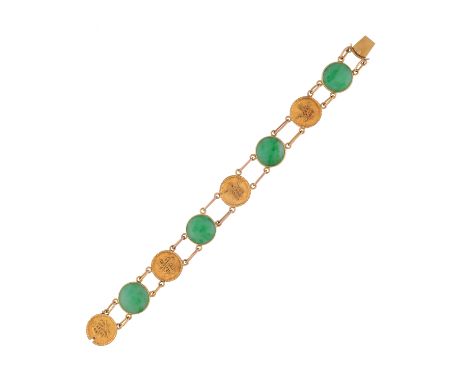 A CHINESE JADEITE JADE BRACELET in yellow gold, set with a row of alternating circular polished jadeite jade and&nbsp;gold pl