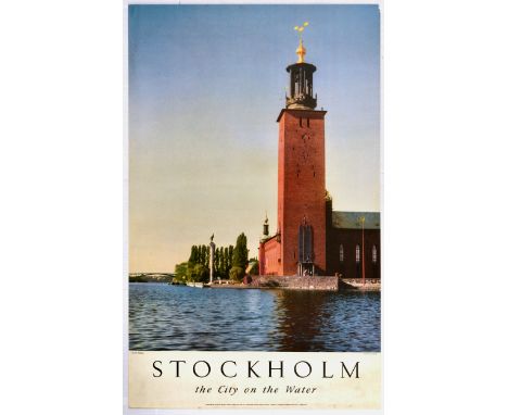 Original vintage travel poster promoting the Swedish capital city of Stockholm - the City on the Water - as a tourist destina