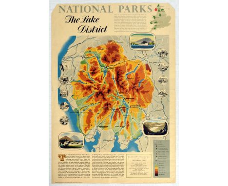 Original vintage travel poster featuring an annotated map of  The Lake District National Park featuring travel routes, roads,