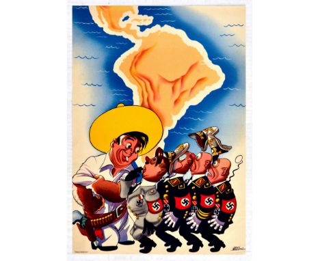 Original vintage propaganda poster with an artwork featuring a cariacture cartoon of Adolf Hitler and three other Nazi genera