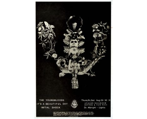 Original vintage advertising poster for a concert titled The Young Bloods - Its a Beautiful Day - Initial Shock, at the Avalo