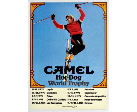 Original vintage sports advertising poster titled Camel Hot-Dog World Trophy, with a photograph of a skiier dressed in red, i