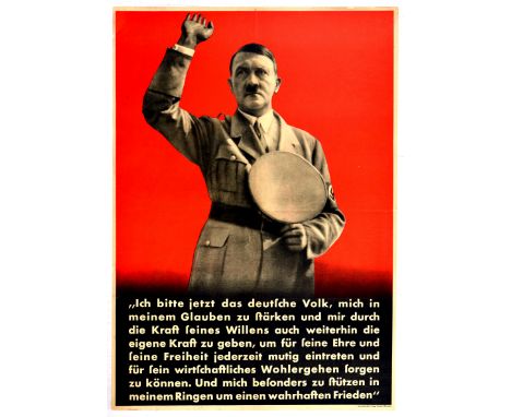 Original vintage Nazi propaganda poster featuring a black and white photograph of Adolf Hitler giving a Nazi salute against a