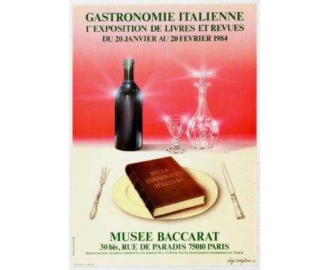 Original vintage advertising poster titled Gastronomie Italienne - 1ere Exposition De Livres Et Revues Du 20 janvier Au 20 Fe