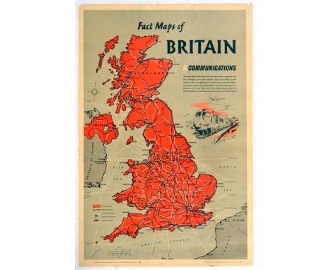 Original vintage map poster Fact Maps of Britain - Communications - Great artwork features an annotated map of The United Kin