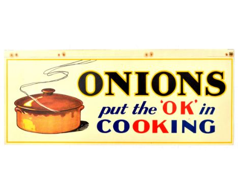 Original vintage produce advertising poster titled Onions put the 'OK' in Cooking, with bold black, blue and red text against