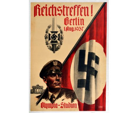 Original vintage Nazi propaganda poster titled in German Reichstreffen! Berlin 1.Aug. 1937 - Olympia Stadion - Reich Meeting!