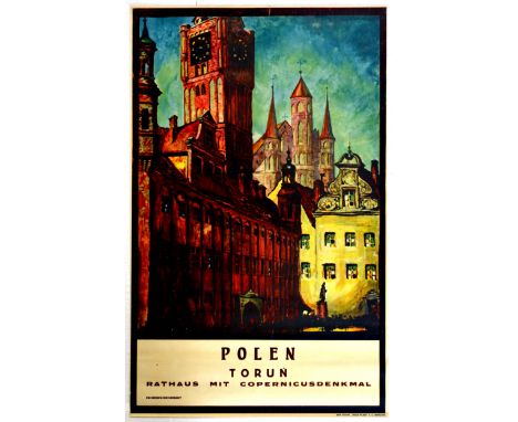 Original vintage travel advertising poster, titled in German Pole. Torun.  Rathaus mit copernicusdenkmal - Poland. Torun. Tow