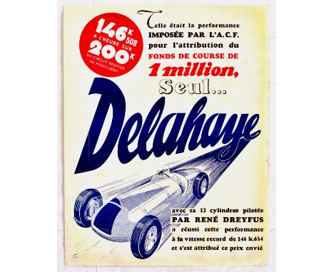 Original vintage double sided car racing poster advertising Delahaye Automobiles - Great image of a blue Delahaye race car wi