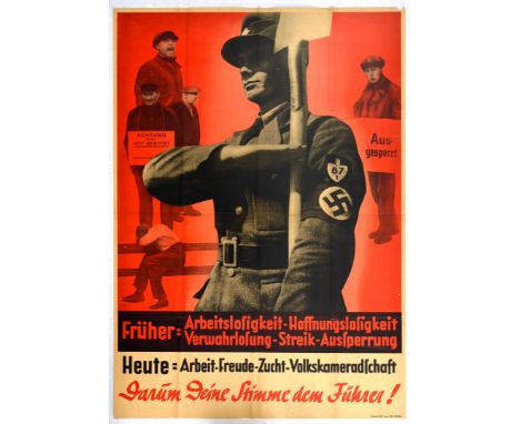 Original vintage Nazi Germany propaganda poster promoting the achievements of Third Reich under Adolf Hitler. The text reads: