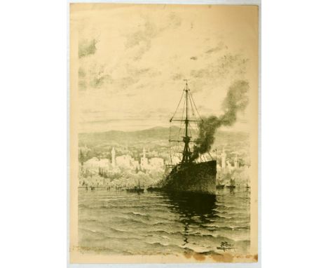 Original vintage lithograph poster featuring a black and white artwork by ?Antoine Barbier? of a ship with black smoke billow