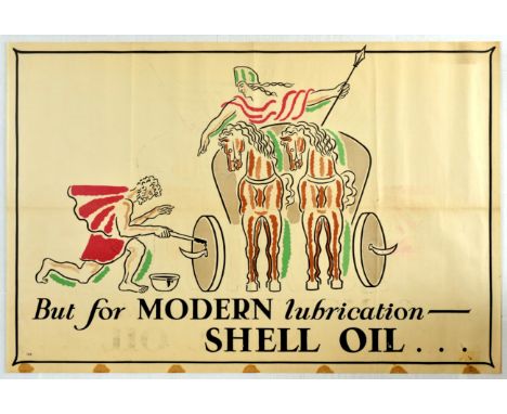 Original vintage advertising poster for Shell Oil. Fantastic image of Boadicea holding a spear, standing in her chariot led b