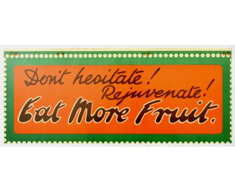 Original vintage produce advertising poster with the line Don't hesitate! Rejuvenate! Eat More Fruit., with cursive, dark bro