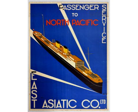 Original vintage travel advertising poster for a passenger service from Europe to the North Pacific, operated by East Asiatic