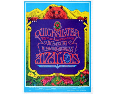 Original vintage music advertising poster for a concert by Quicksilver and Messenger Service at the Avalon Ballroom in 1968. 