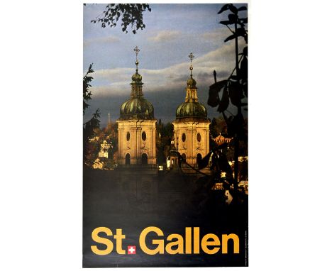 Original vintage travel poster for St Gallen featuring a great photo of Gallen Cathedral with bold yellow lettering. St. Gall