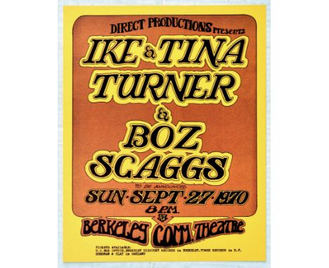 Original vintage advertising poster for a concert titled Ike and Tina Turner and Boz Scaggs, with a text artwork with stylist