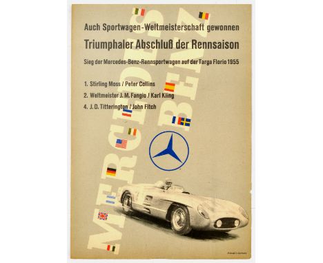 Original vintage Mercedes Benz poster published to celebrate the wins of its drivers during the 1955 season - Auch Sportwagen