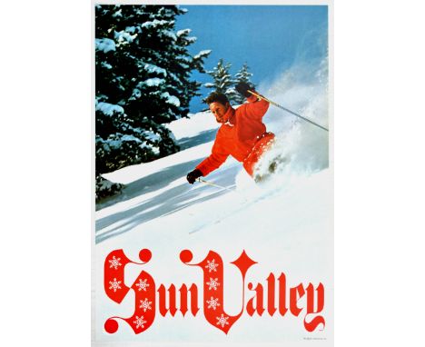 Original vintage ski poster for Sun Valley ski resort dynamic image depicts Sigfried 'Sigi' Engl, an Austrian who became dire