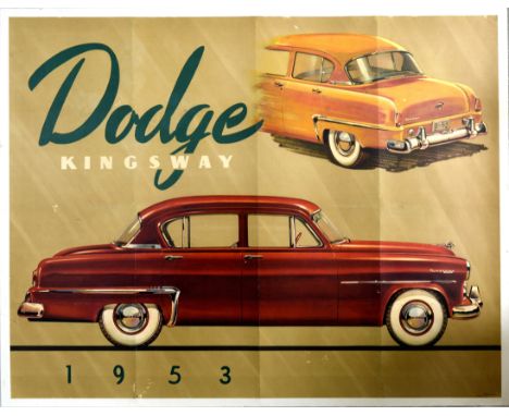 Original vintage automobile advertising poster for the Dodge Kingsway in 1953, featuring the side view of a burgundy dark red
