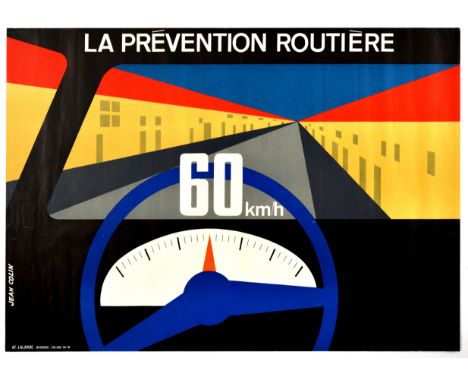 Original vintage road safety propaganda poster issued in France to prevent car speeding on the roads. Great midcentury modern