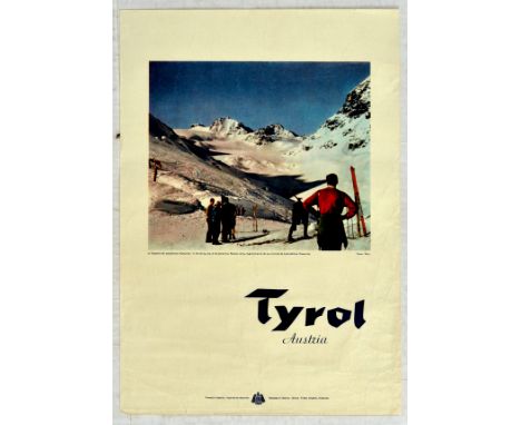 Original vintage ski travl poster for Tyrol in Austria - Great photo of the skiing area of the jamtal hut in Paznaun Valley. 