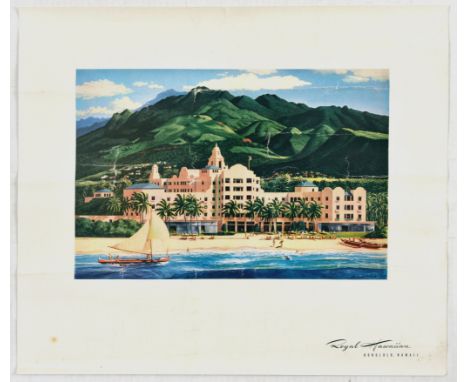 Original vintage travel advertiisng poster for the Royal Hawaiian, Honolulu, Hawaii. The artwork features a landscape view of