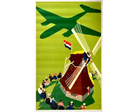 Original vintage travel advertising poster for Holland, with a stunning artwork of a red brown windmill barn, decorated with 