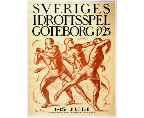 Original vintage sport advertising poster titled in Swedish "Sveriges Idrottsspel Goteborg 1923" - "Swedish Sports Games Goth