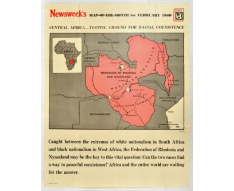 Original vintage propaganda poster published by Newsweek - map-of-the-month, titled Central Africa-Testing Ground For Racial 