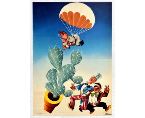 Original vintage propaganda poster with an artwork featuring a cariacture cartoon of Adolf Hitler with a Nazi armband falling