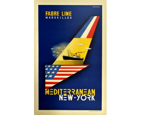 Original vintage advertising poster for Fabre Line Marseilles, Mediterranean - New York. Great graphic image on a bright blue