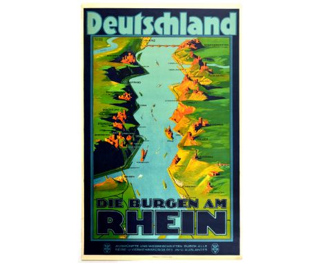 Original vintage travel advertising poster titled in German Deutschland - Die Burgen am Rhein - Germany - The Castles on the 