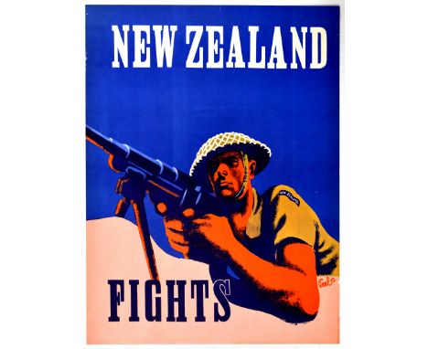 Original vintage World War Two propaganda poster - New Zealand Fights - featuring a colourful bold design depicting a New Zea