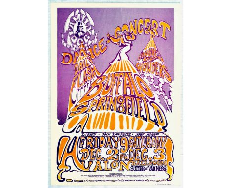 Original vintage music advertising poster for a concert by Buffalo Springfield at the Avalon Ballroom in 1966. Supporting act