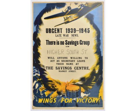 Original vintage Second World War propaganda poster titled Wings for Victory, with a painting of a military plane during a bo