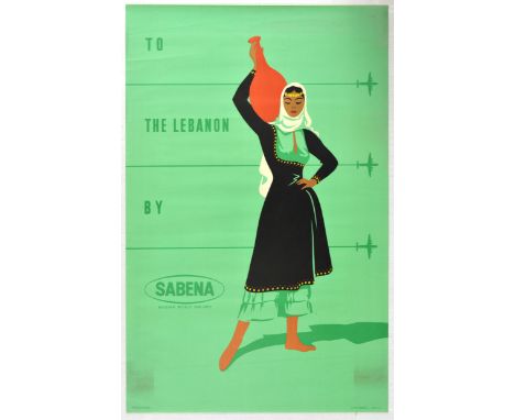 Original vintage travel advertising poster titled "To the Lebanon by Sabena (Belgian World Airlines)". The artwork features a