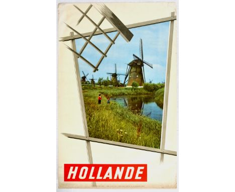 Original vintage travel poster for Holland showing famous windmills by the canal. Good condition, creasing, tears at margins,